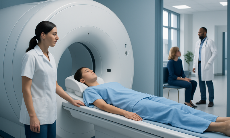 MRI Cerebral Aneurysm: Preparation, Procedure and Results 6 Patient undergoing MRI scan in a hospital setting with medical staff present.