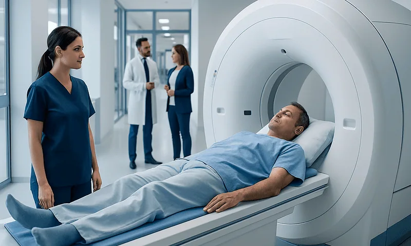 Patient undergoing MRI scan in a modern hospital setting.