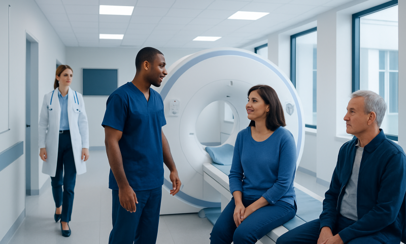 Medical staff preparing patient for MRI scan at Acibadem Hospital.