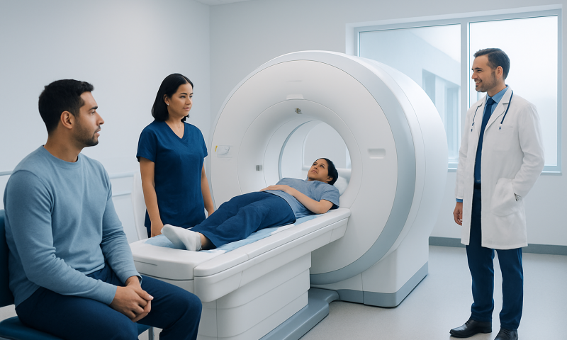 Patient undergoing MRI scan with medical staff in a modern hospital room.