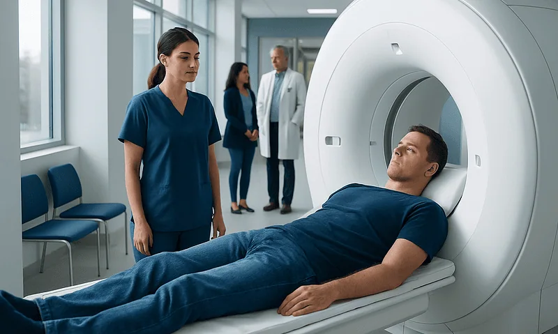 MRI Kidney Mass: Preparation, Procedure and Results 8 Patient undergoing MRI scan in a hospital setting with medical staff nearby.