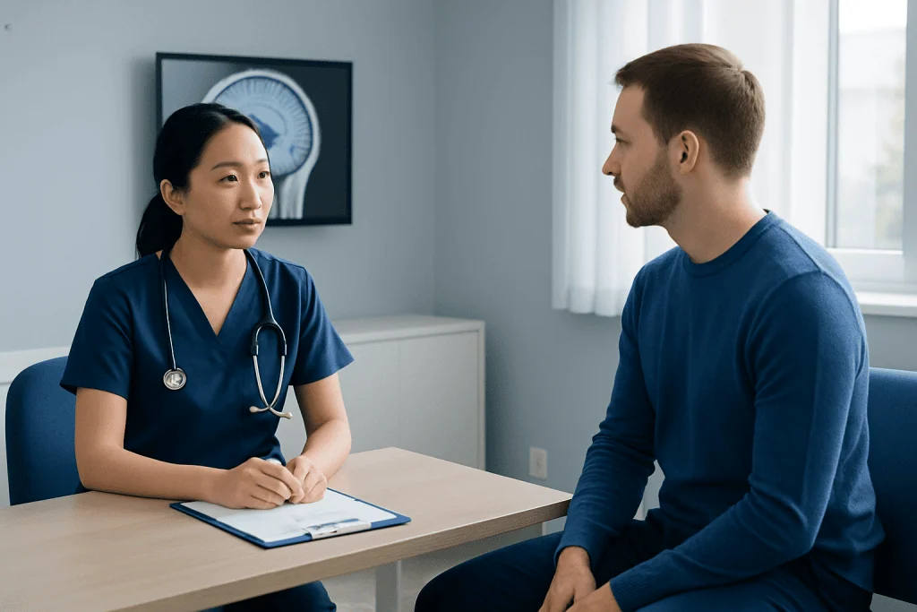 Doctor consulting with male patient in a hospital room.