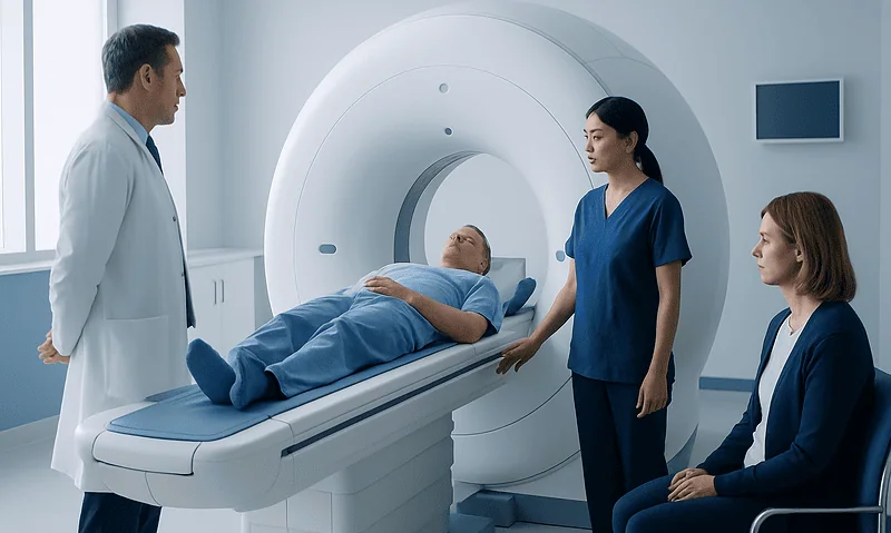 Patient undergoing MRI scan at Acibadem Hospital with medical staff present.