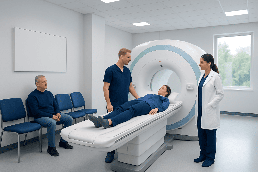 MRI Spectroscopy: Preparation, Procedure and Results 1 Patient undergoing MRI scan with medical staff in a modern hospital room.