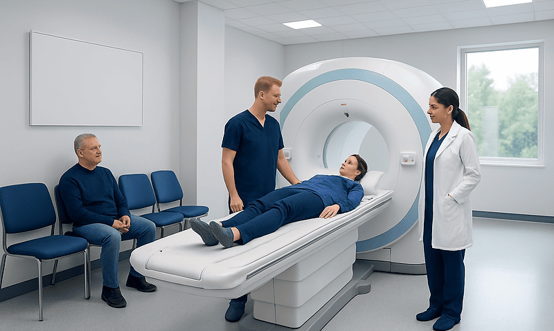 MRI Spectroscopy: Preparation, Procedure and Results 4 Patient undergoing MRI scan with medical staff in a modern hospital room.