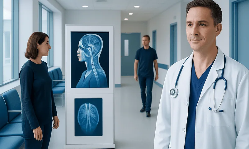 Doctor and patient in neurology clinic with MRI brain scan images.