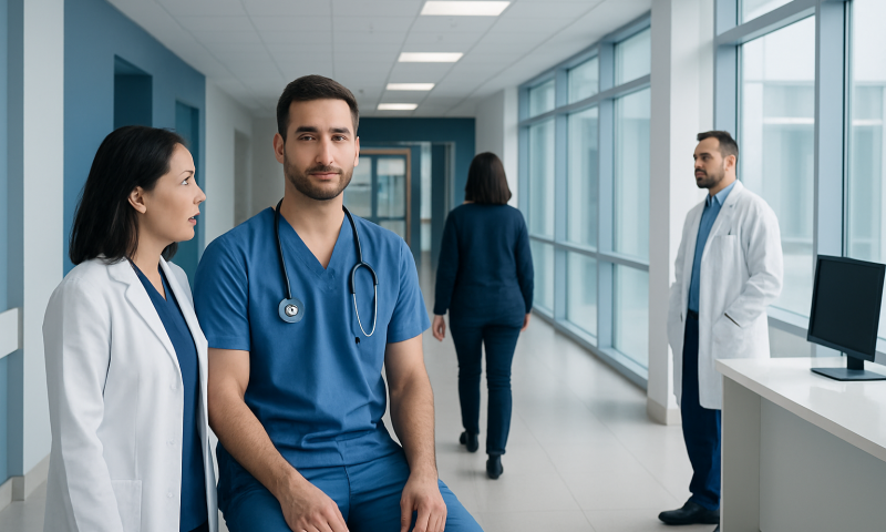 Medical team in hospital corridor with doctors and nurse in professional attire.