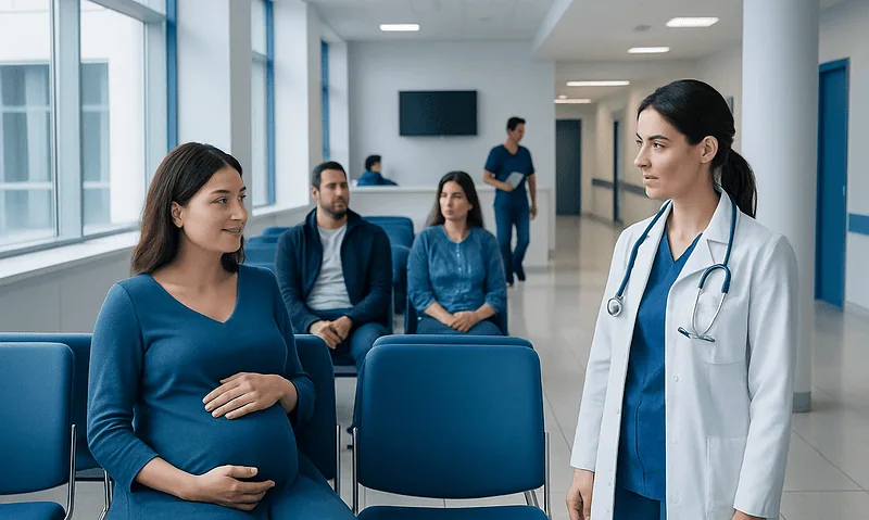 Pregnant woman consulting with doctor in hospital waiting area.