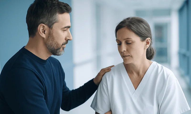 Compassionate healthcare professional comforting a patient in a hospital corridor.