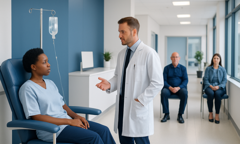 Doctor consulting a patient in a hospital room with IV drip and waiting area.