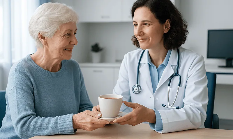 Doctor giving a cup to an elderly woman in a medical office setting.