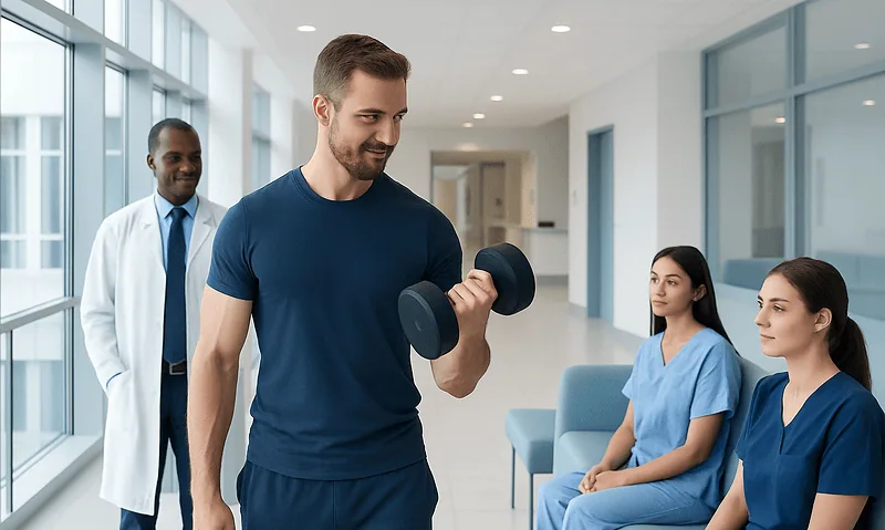 Young man lifting a dumbbell in a hospital corridor with medical staff nearby.