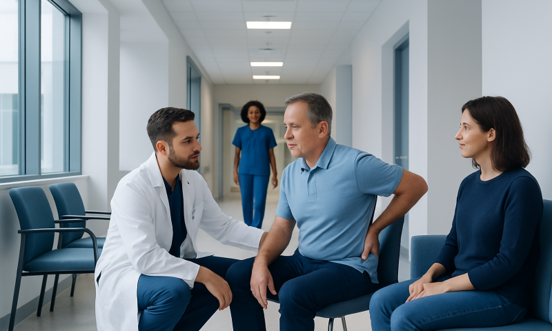 Doctor consulting with patient in hospital corridor.