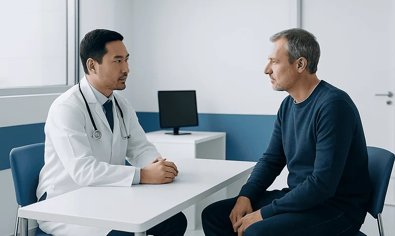 Doctor consulting with a patient in a modern medical office.