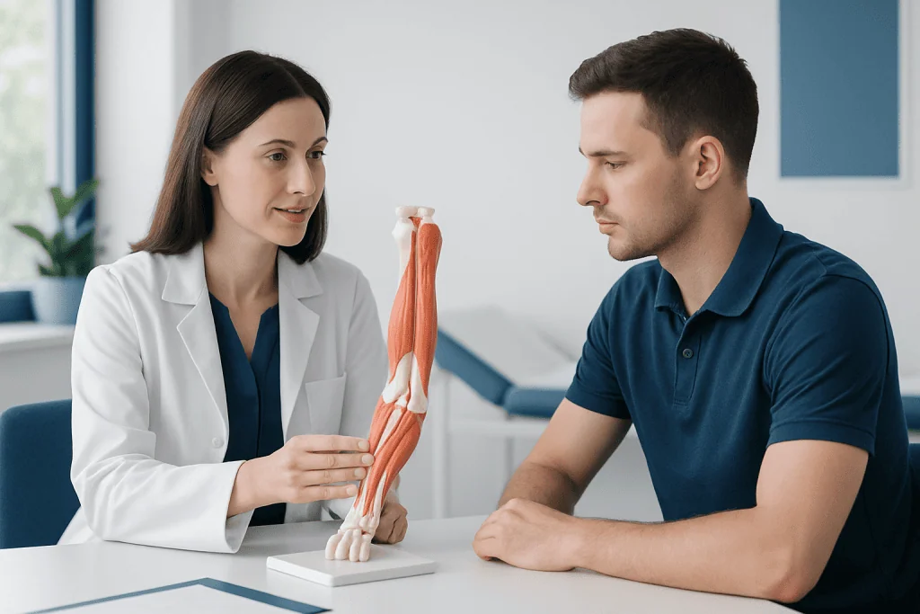Doctor explaining arm muscle anatomy to patient in a consultation room.