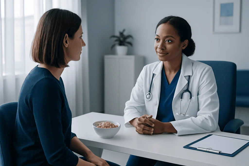 Doctor consulting a patient in a modern medical office setting.