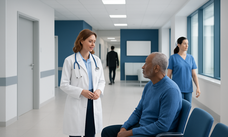 Doctor consulting with a patient in a hospital corridor.