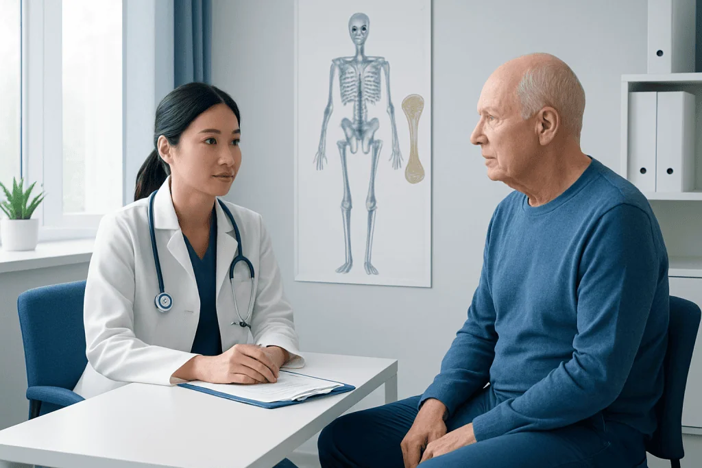Doctor consulting with an elderly patient in a medical office.