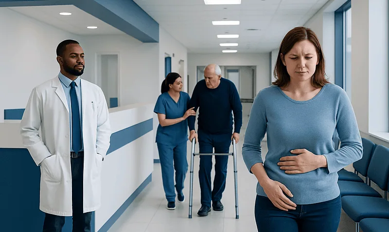 Patient experiencing stomach pain in hospital corridor with medical staff nearby.