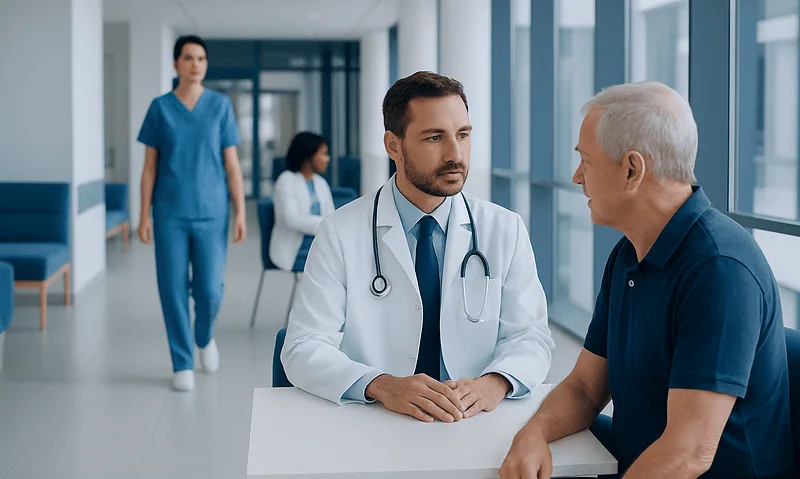 Doctor consulting with senior patient in hospital corridor.