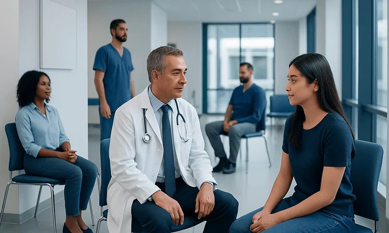 Myopia Treatment: How It Works, Results and What to Expect 5 Doctor consulting young woman in a modern hospital waiting area.