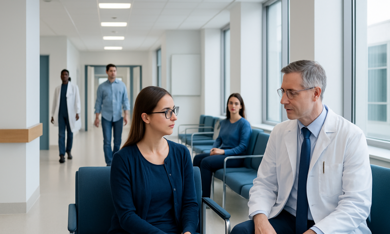 Doctor consulting a patient in a hospital waiting area.