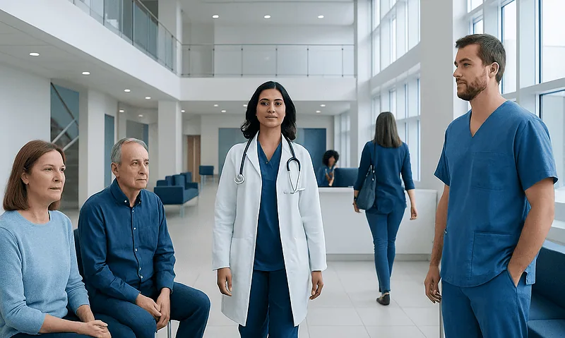 Medical team consulting with patients at Acibadem Hospital.