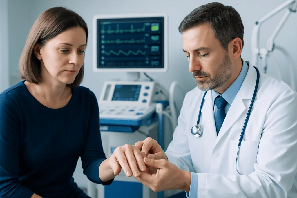 Doctor examining patient's hand in a medical setting at Acibadem Hospitals.