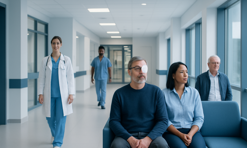 Patients waiting in a hospital corridor with medical staff nearby.