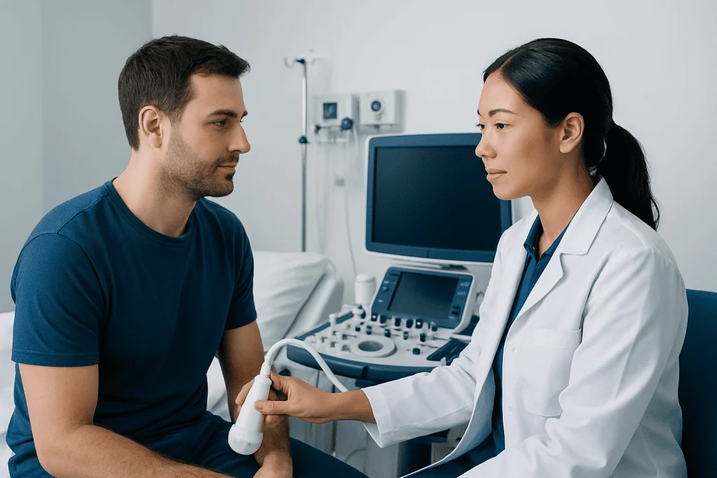 Doctor performing ultrasound examination on male patient in clinic.