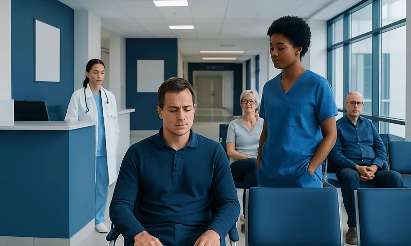 Medical professionals in a hospital waiting area during a consultation.