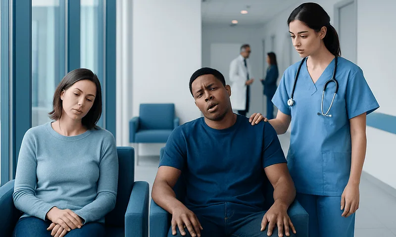 Patient experiencing symptoms with medical staff in a hospital setting.
