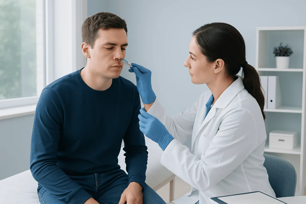 Doctor examines patient's nose for bleeding in a clinical setting.