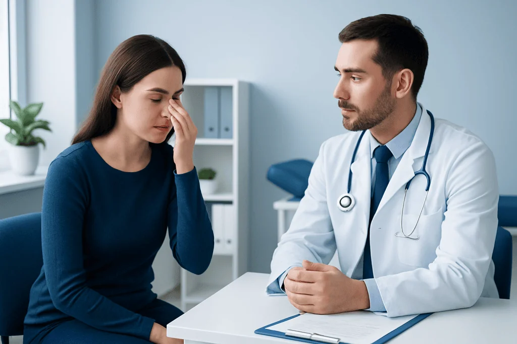 Doctor consulting with a woman experiencing nasal congestion at night.