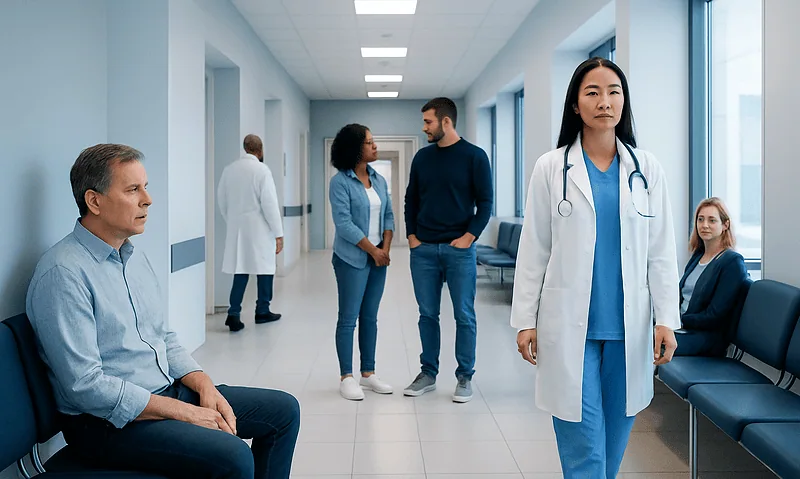 Medical professionals and patients in a hospital corridor at Acibadem Hospitals Group.