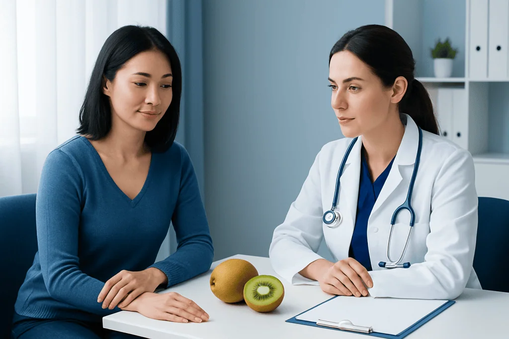Doctor consulting with patient about kiwi and carbohydrate health benefits.
