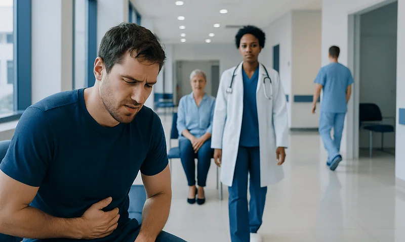 Man experiencing stomach pain in hospital corridor with medical staff nearby.