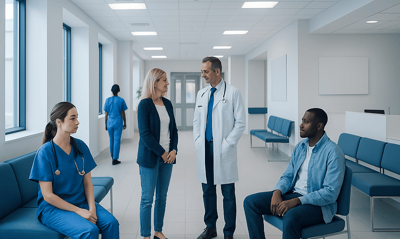 Medical team consulting patient in hospital corridor.