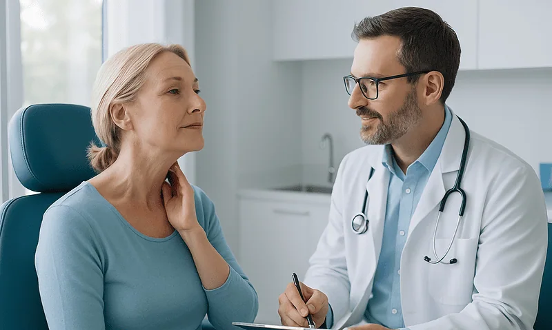 Doctor consulting with an older woman in a medical office setting.