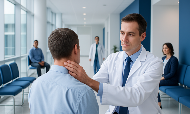 Neck Nerve Pinch Treatment: How It Works, Results and What to Expect 5 Doctor examining patient's neck in a hospital waiting area.