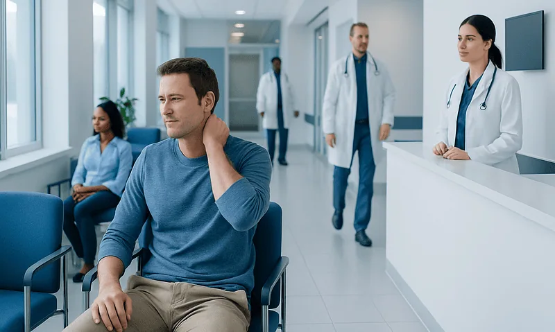Patient experiencing neck pain in a hospital waiting area with medical staff nearby.