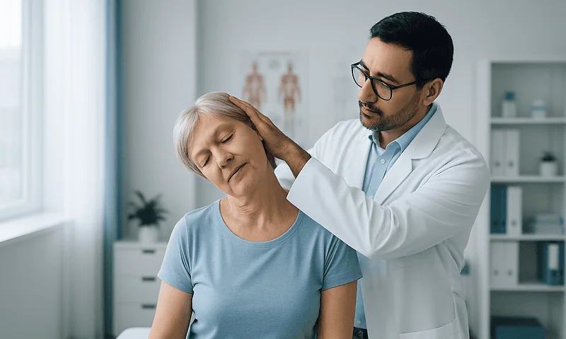 Doctor examining an elderly woman's neck in a medical office.