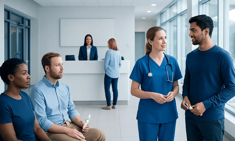 Healthcare professionals and patients in a hospital waiting area.