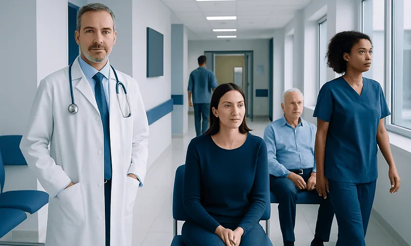 Medical team in hospital corridor with patients and staff.