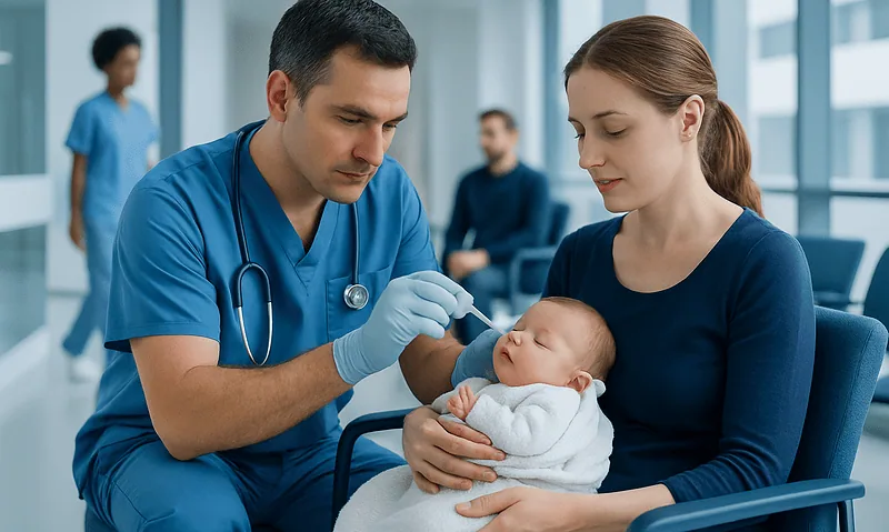 Pediatric ophthalmology consultation at Acibadem Hospital with doctor and mother.