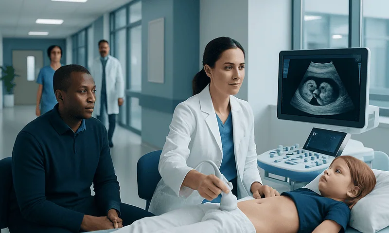 Ultrasound examination of a pregnant woman in a hospital setting.