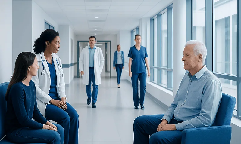 Patients and medical staff in a hospital corridor.