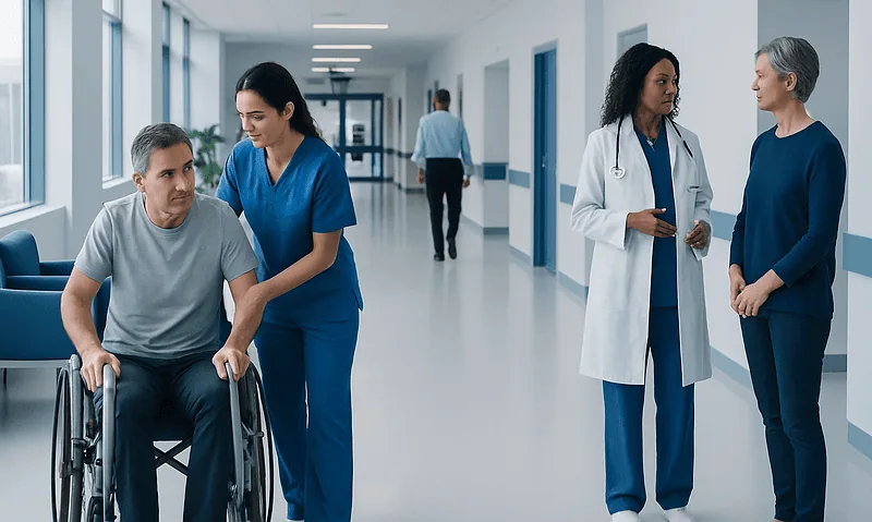 Patients and healthcare professionals in a hospital corridor.