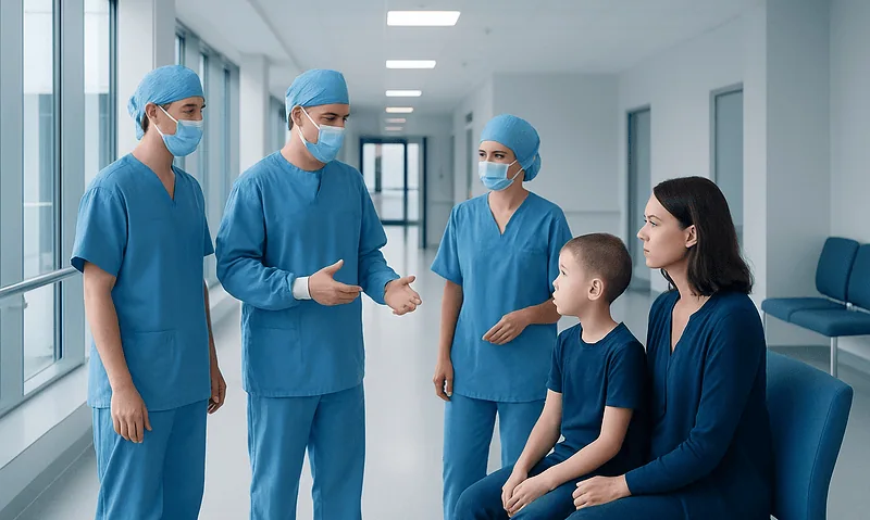 Medical team consulting with young patient in hospital corridor.