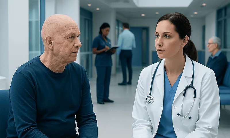 Doctor consulting with elderly patient in hospital corridor.